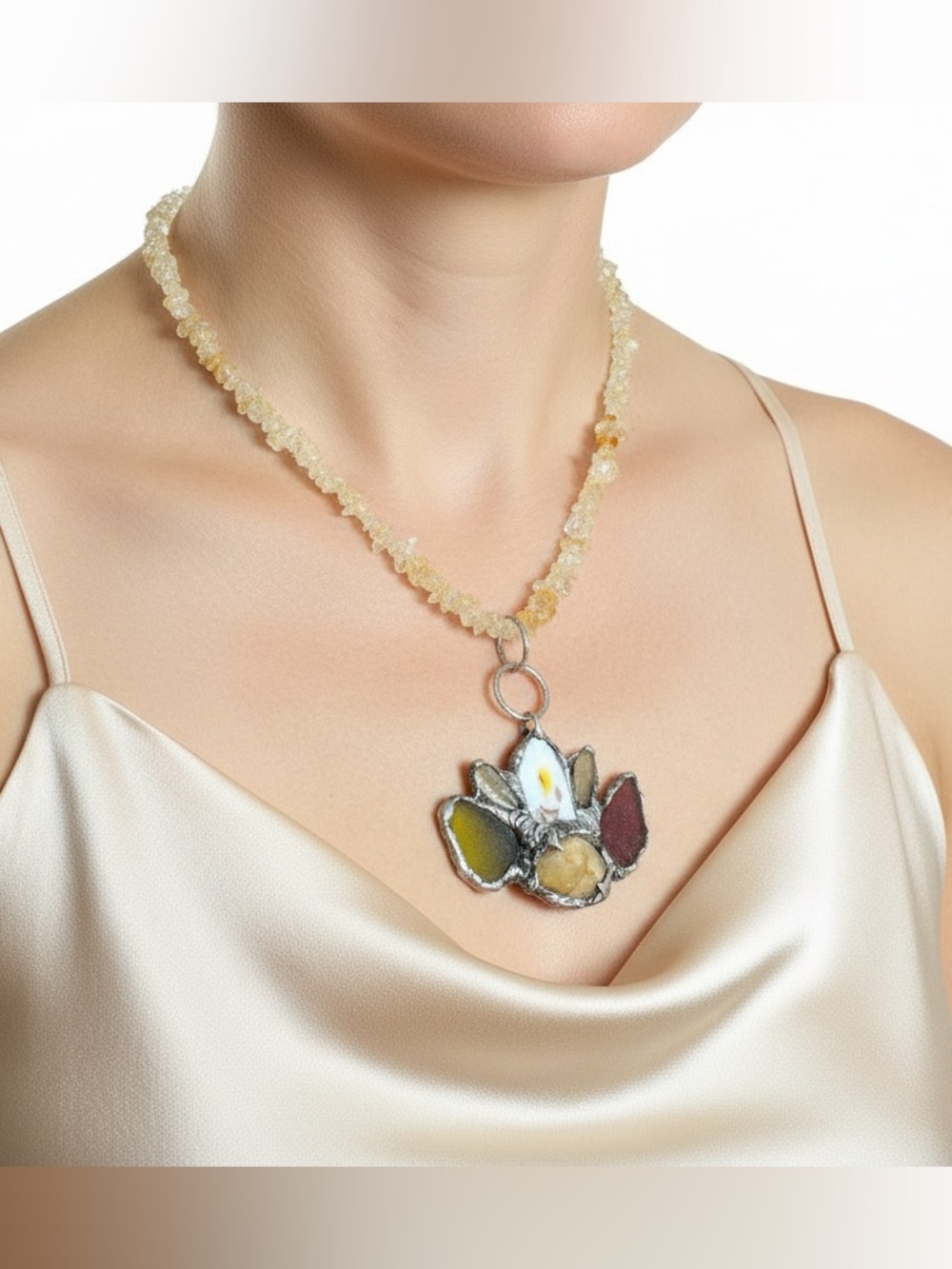 Citrine & Sea Glass Pendant - Broken China &  Vintage 90s Citrine Chip Necklace
